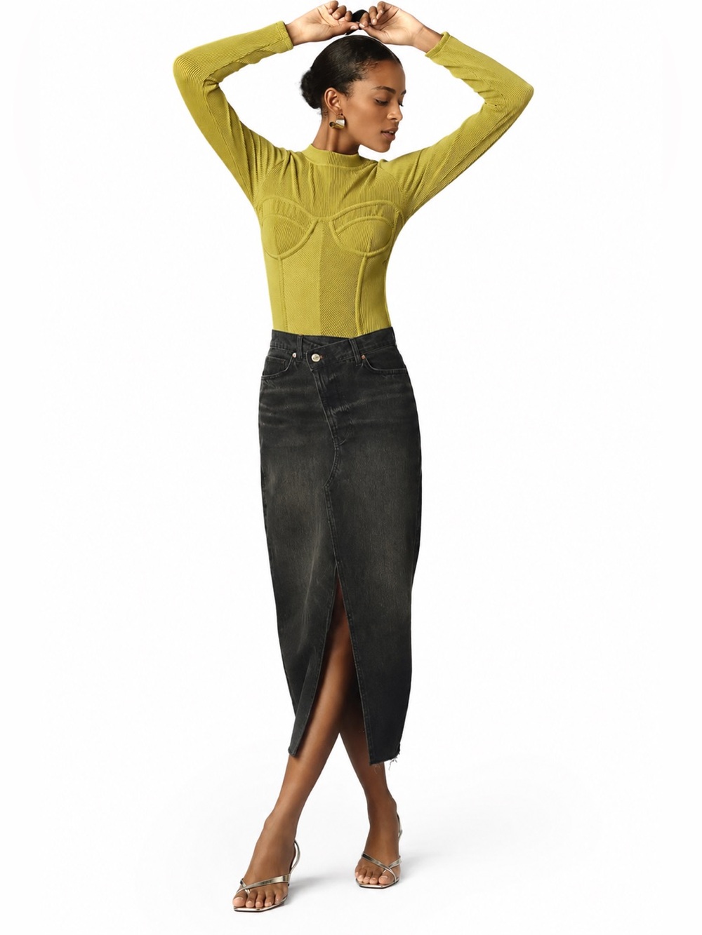 Reformation | Nila Black Denim Midi Skirt with Front Slit Asymmetric Size 25 NEW